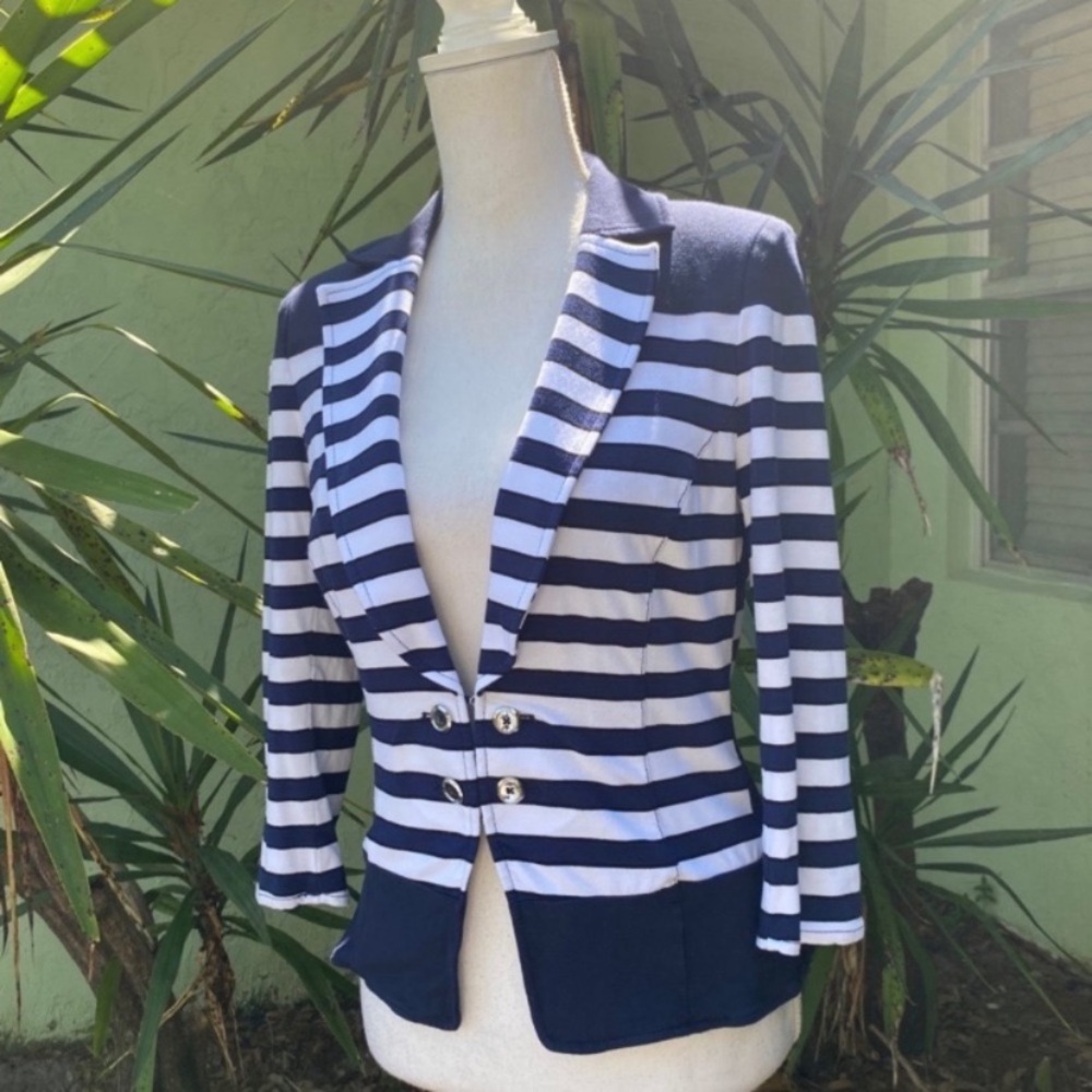 White House Black Market Navy Striped Jersey Jacket